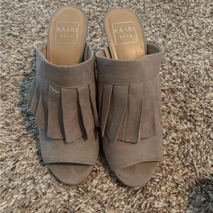 Kaari Blue Taupe Fringe Mules